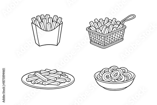 Variety of french fries: crinkle, basket, plate, bowl - black and white line art