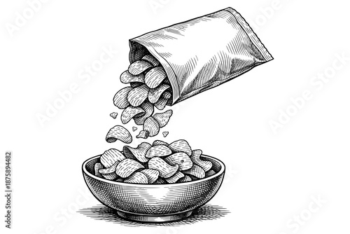 Hand-drawn snack pouring into bowl: black and white sketch of potato chips