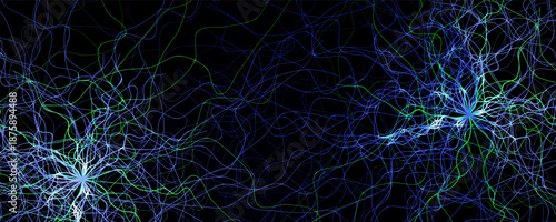 Neural network connections background with glowing blue green lines on dark. Futuristic AI data flow design for tech, science, medical banners. Neural connections backgrounds. Vector illustration