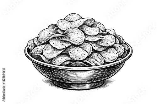 Detailed black and white engraving of a bowl filled with potato chips