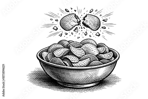 Bowl of pistachios with cracked nut in detailed hand-drawn style