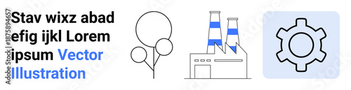 Factory with chimneys, three balloons, and gear element representing industry, celebration, and technology. Ideal for innovation, sustainability, teamwork, creativity manufacturing concepts events