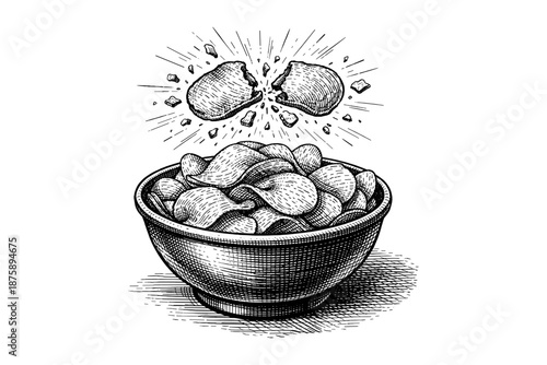 Hand-drawn cashew nuts in bowl with broken nut illustration