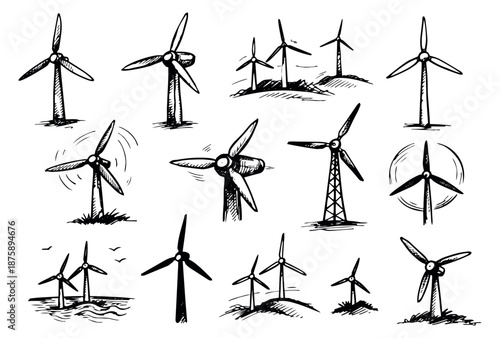 Hand drawn line art wind turbine set featuring various designs for renewable energy concepts