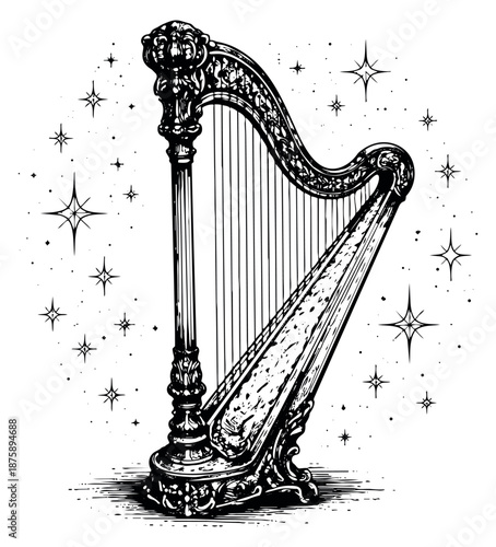 Ornate hand drawn line art illustration of a harp surrounded by sparkling stars for music and fantasy designs