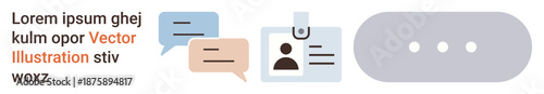 Communication, identity verification, online messaging, data exchange, professional networking, user profiles. Chat bubbles, ID cards ellipsis symbol. Communication and identity verification idea