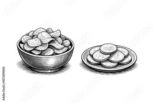 Vintage snack sketch: bowl and plate of crispy potato chips