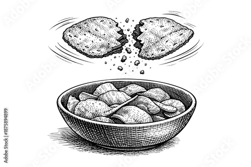 Hand-drawn bowl of potatoes with broken bread illustration
