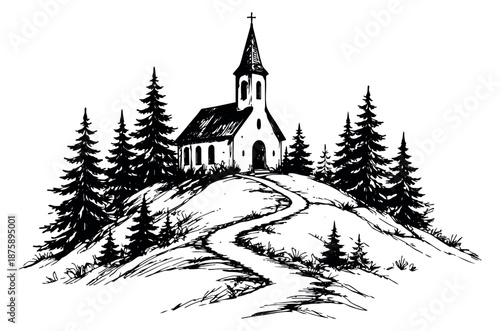 Hand drawn illustration of a church depicting a peaceful scene on a hill with pine trees for religious and holiday themes