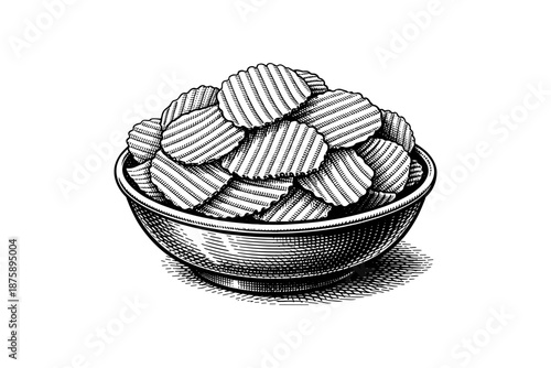 Hand-drawn bowl of ruffled potato chips in black and white