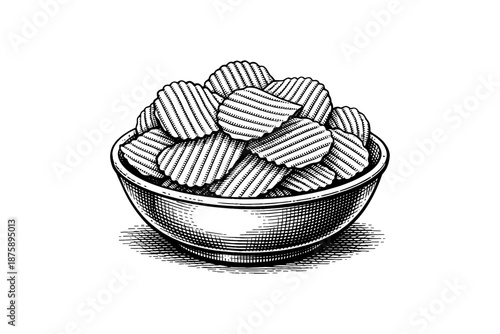 Engraved bowl of ridged potato chips in black and white