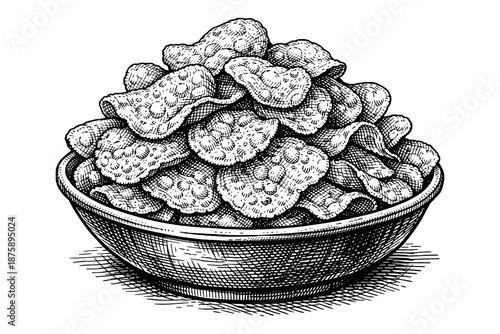 Detailed black and white drawing of a bowl with crispy potato chips
