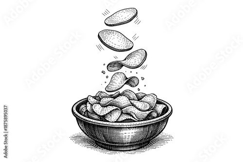 Sketch of potato chips falling into a bowl