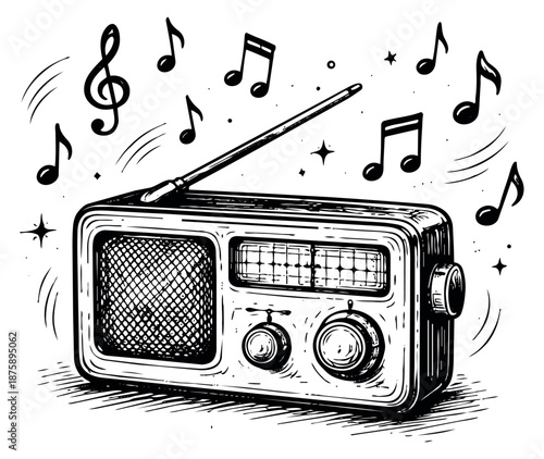 Hand drawn illustration of a vintage radio depicting musical notes for audio entertainment