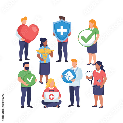 Diverse healthcare professionals and patients united by medical symbols promoting wellness insurance and life saving