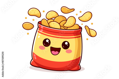 Cute happy snack bag with smiling face and flying potato chips