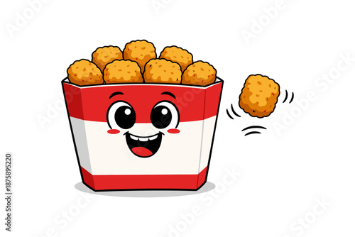 Cheerful cartoon popcorn bucket with happy expression and dancing kernel