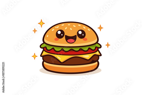 Cute smiling cartoon cheeseburger with sparkles