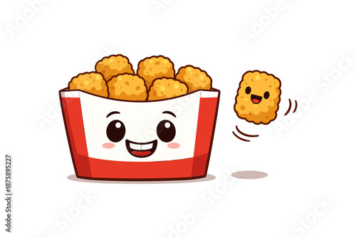 Cartoon chicken nuggets with happy faces in red and white box
