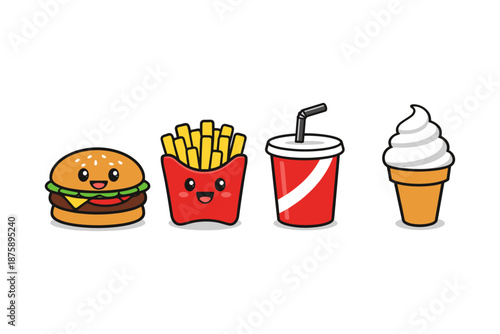 Cute cartoon fast food set: burger, fries, soda, ice cream cone with smiling faces