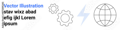 Technology, global networking, innovation, industrial processes, engineering, creative design. Globe outline with gears and lightning icon. Technology and global networking concept
