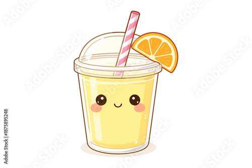 Cute kawaii lemonade with happy face and orange slice on cup
