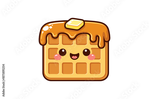 Cute cartoon waffle with syrup and butter smiling face illustration