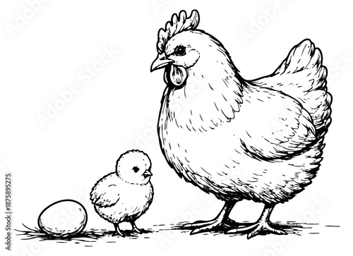 Hand drawn line art poultry set featuring a hen, a chick, and an egg for farm and agricultural designs