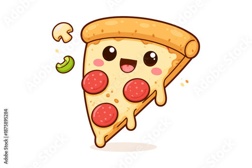 Cute kawaii pizza slice with pepperoni and mushrooms
