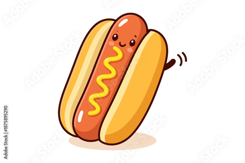 Cute cartoon hot dog with mustard in bun waving cheerfully