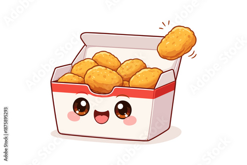 Cute cartoon chicken nugget box with happy face and jumping nugget
