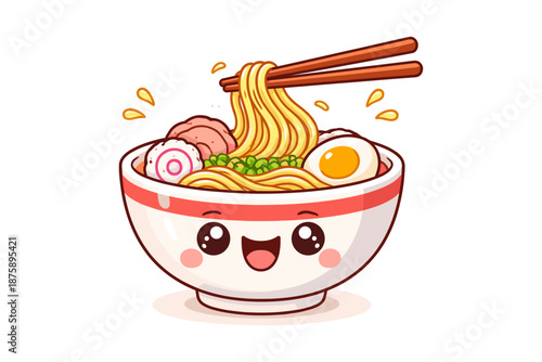 Cute kawaii ramen bowl with smiling face, noodles, egg, and chopsticks