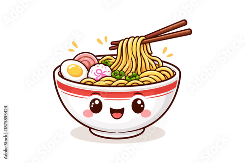 Cute kawaii ramen bowl with chopsticks and happy face design
