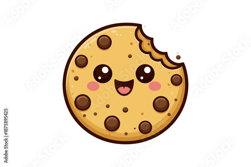 Cute cartoon chocolate chip cookie with a bite and smiling face