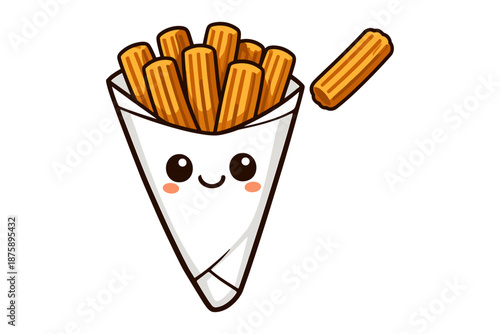 Cute kawaii churros with smiling face in a cone wrapper