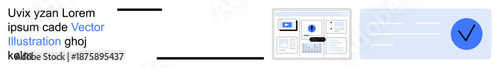 Digital identity, document validation, approval workflows, cybersecurity, online platforms, and secure transactions. Interface with data layout and a checkmark icon. Digital identity and document