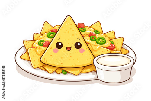 Cute nacho character with cheese and jalapeños on plate with creamy dip