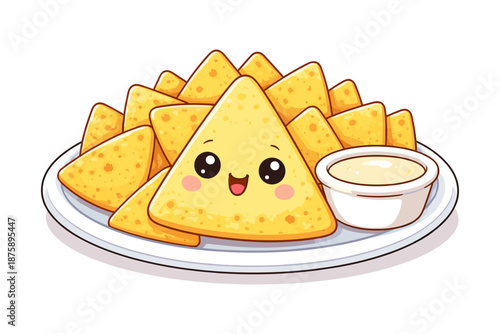 Cute cartoon nachos with cheese dip on plate with smiling face