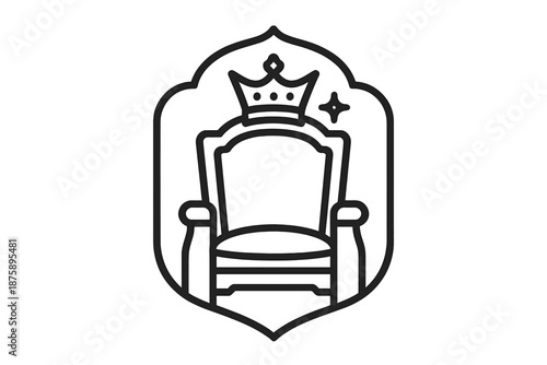 Monarch Throne Icons. Line style icons of Monarch Throne Crest: throne shape, royal crown, crest hint, cushion bend, frame arc,