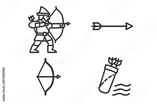 Line Art Archer. Line style icons of Forest Archer Mark: archer bow, arrow point, steady stance, quiver detail, curve line, subtle