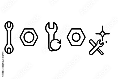 Bolt Repair Icons. Line style icons of Boltwork Repair: wrench profile, bolt head, repair cue, nut contour, tool sweep, gentle