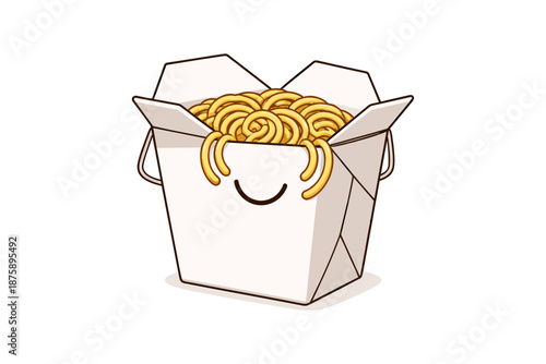 Cartoon noodles in takeout box with smiley face