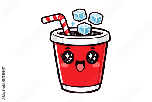 Cute kawaii style happy soda cup with straw and ice cubes