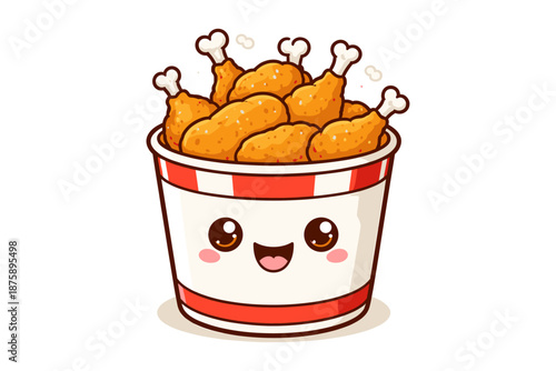 Cute cartoon bucket of fried chicken with smiling face and cheery expression