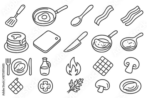 Culinary Icon Collection. Line style icons of Pan Flip Culinary Action: spatula, frying pan, flipping egg, skillet handle, wooden