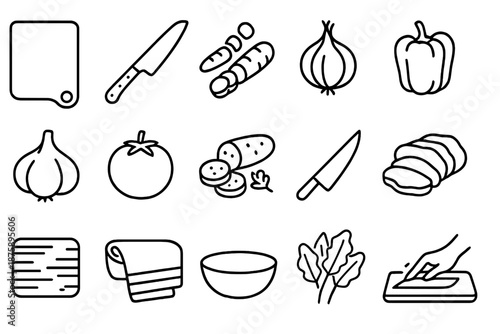 Vegetable Cutting Icons. Line style icons of Vegetable Cutting Set: cutting board, chef knife, chopped carrot, onion, bell pepper,
