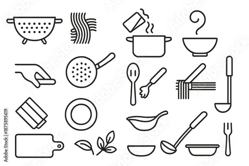 Pasta Serving Icons. Line style icons of Straining and Serving Set: colander, pasta, boiling water, pot, hand grip, strainer holes