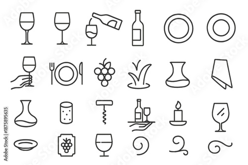 Wine Serving Icons. Line style icons of Wine Serving Essentials: red wine glass, stemware, wine pour, wine bottle, coaster, hand