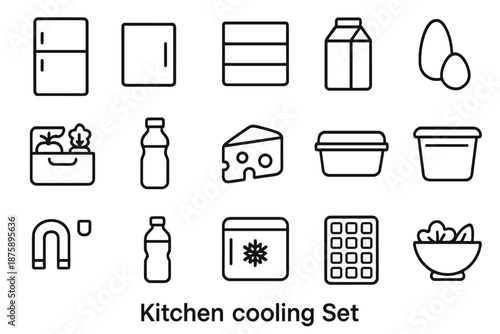 Kitchen Appliance Icons. Line style icons of Kitchen Cooling Set: refrigerator, fridge door, shelves, milk carton, vegetable