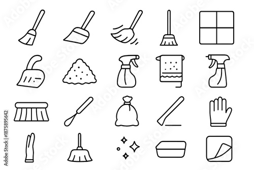 Floor Cleaning Tools. Line style icons of Floor Cleaning Tools: broom, dustpan, sweeping motion, floor, hand grip, debris pile,